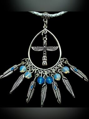 Handmade Totem Pole Pendant Necklace with Aurora Crystals & Feathers!